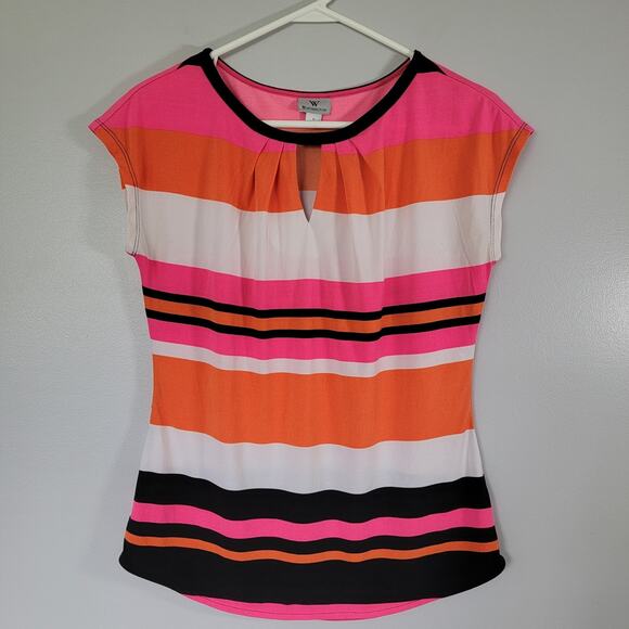 Worthington Tops - Retro 70's Pink Orange White Cap Sleeve Top Womens S Groovy Dopamine Worthington